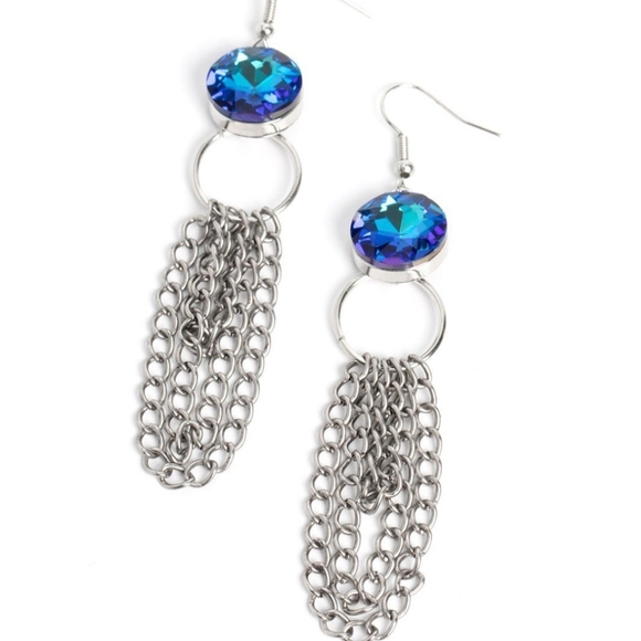 Paparazzi Blue and Silver Tassel Earrings Arthurian A-Lister Blue Dangling Jewel - Picture 1 of 3